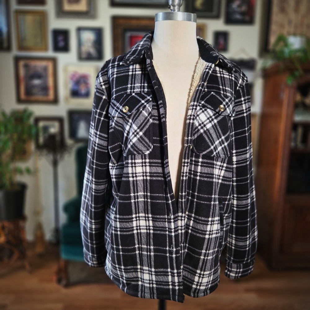 Sage Collective Plaid Shacket Sherpa Lined Flannel‎ Shirt Jacket Black White L